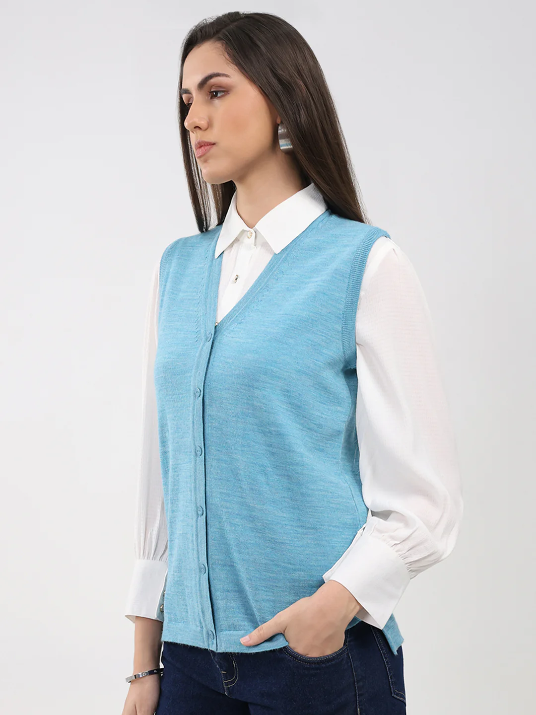 Luxuria Women Turquoise Blue Solid V Neck Sleeveless Cardigan - Image 3