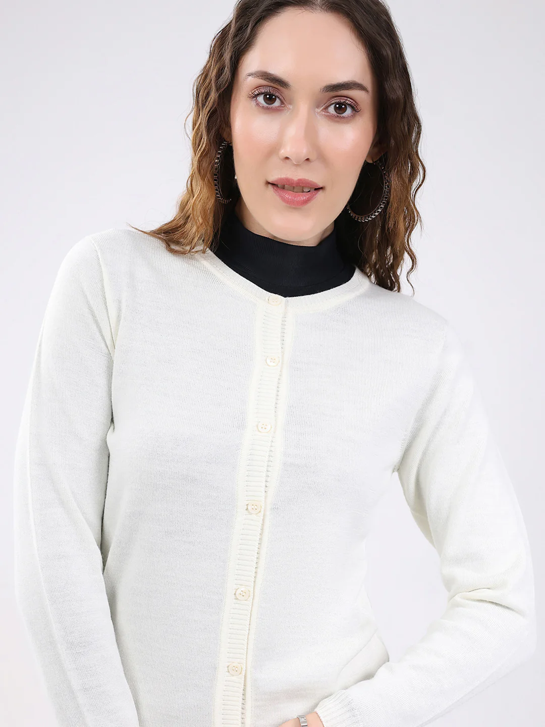 Luxuria Women White Solid Round Neck Full Sleeve Cardigan - Image 7