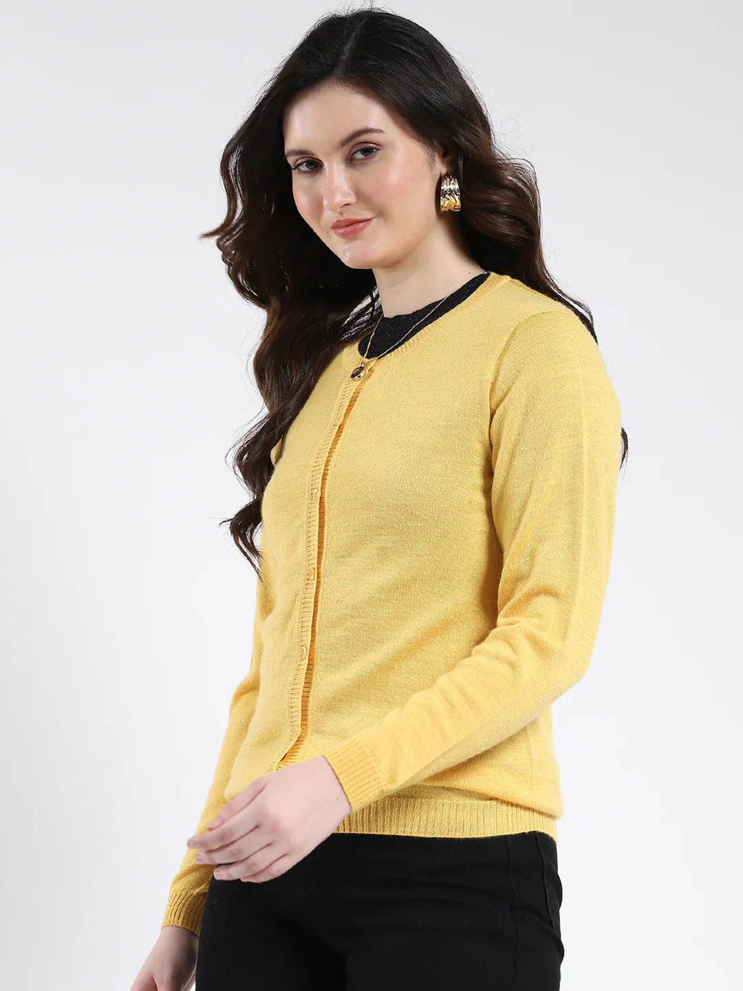 Luxuria Women Yellow Solid Round Neck Full Sleeve Cardigan - Image 3