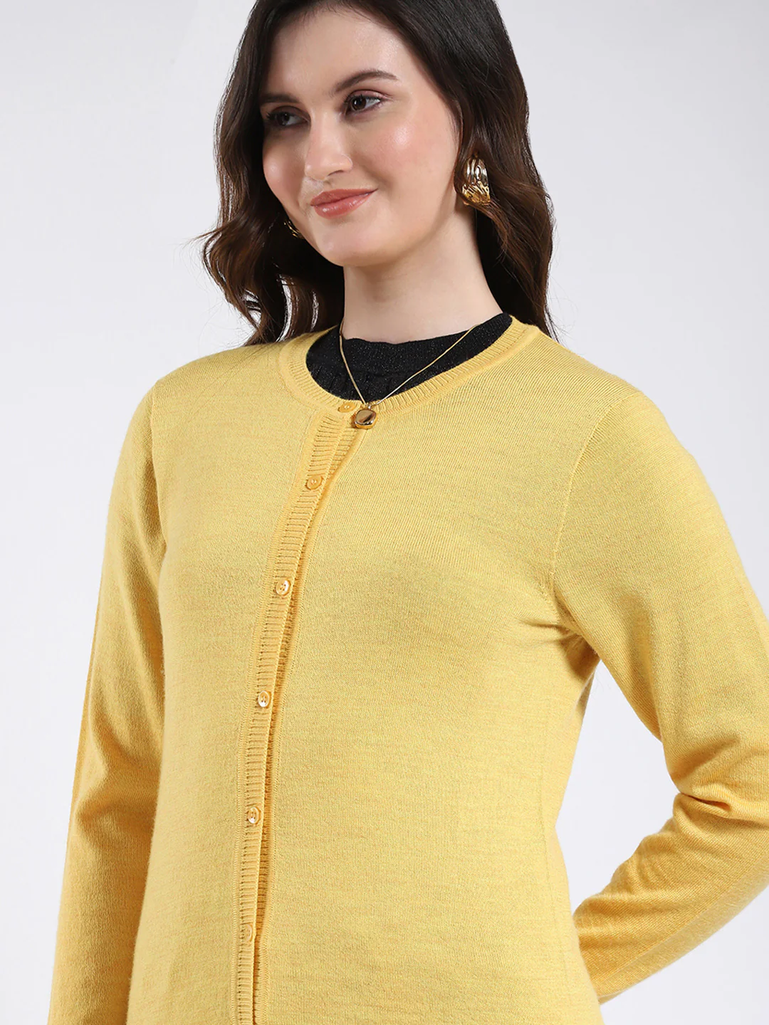 Luxuria Women Yellow Solid Round Neck Full Sleeve Cardigan - Image 6