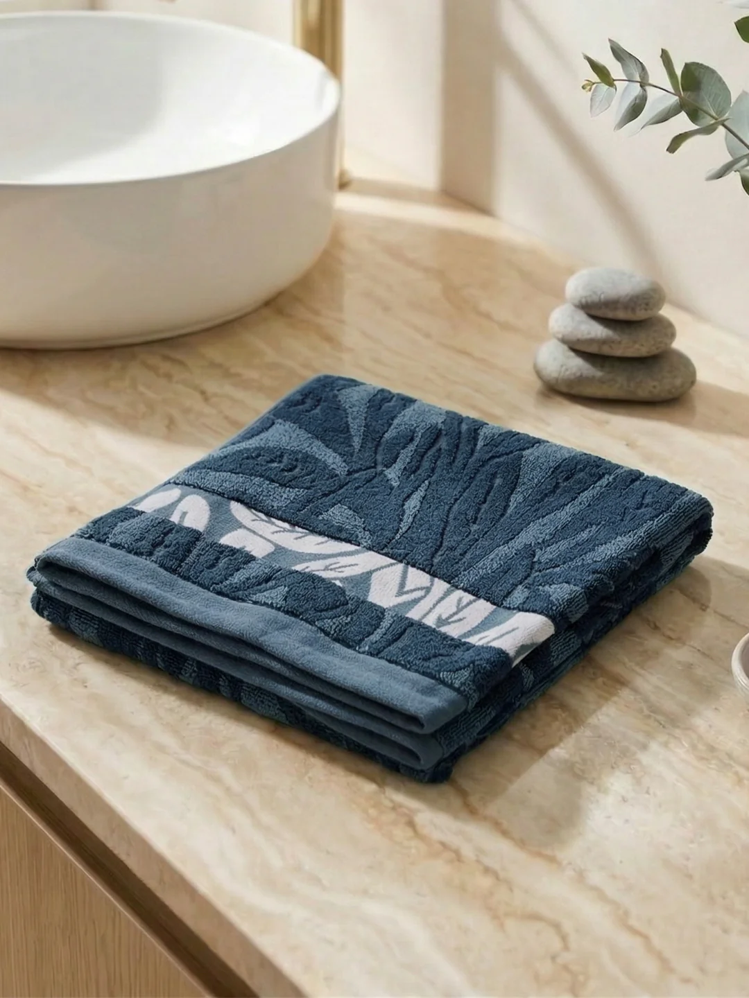 Luxury Navy Blue Bamboo Cotton Self Design 630 GSM Bath Towel Eco Bamboo Bliss 1 Pc Pvc - Image 2