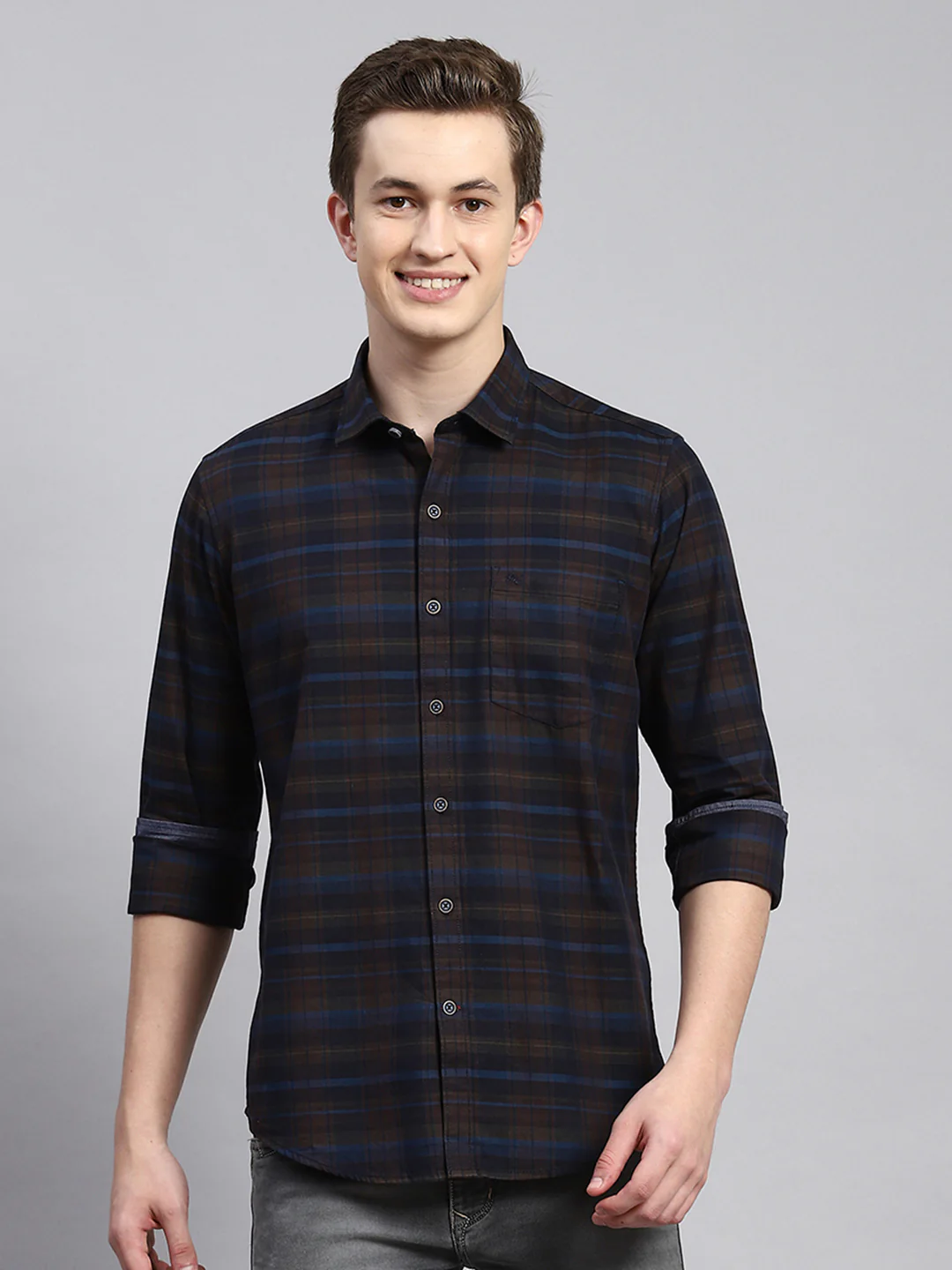 Men Aqua Blue Check Shirt - Image 2