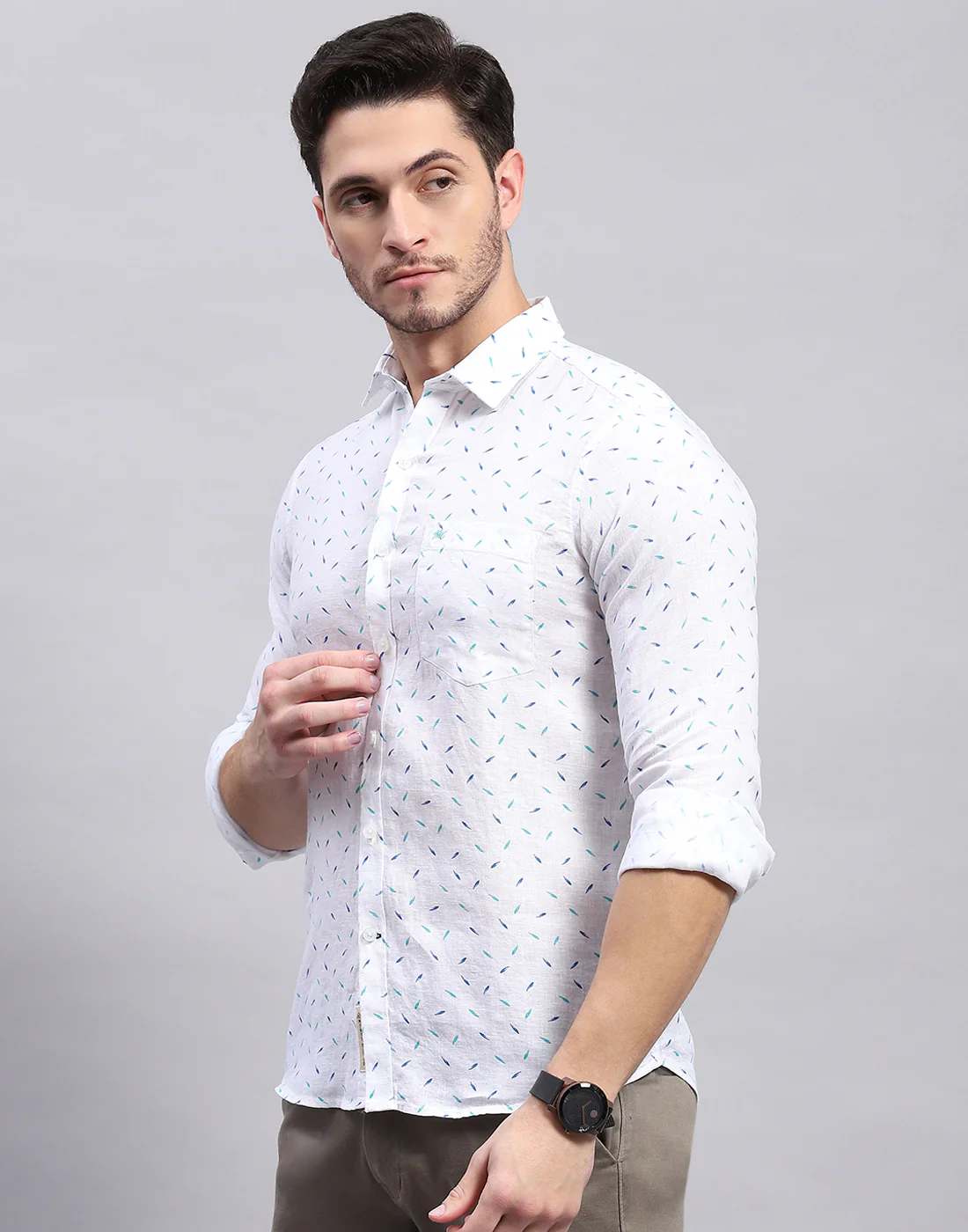 Men Aqua Blue Printed Collar Full Sleeve Linen Shirt - Image 3