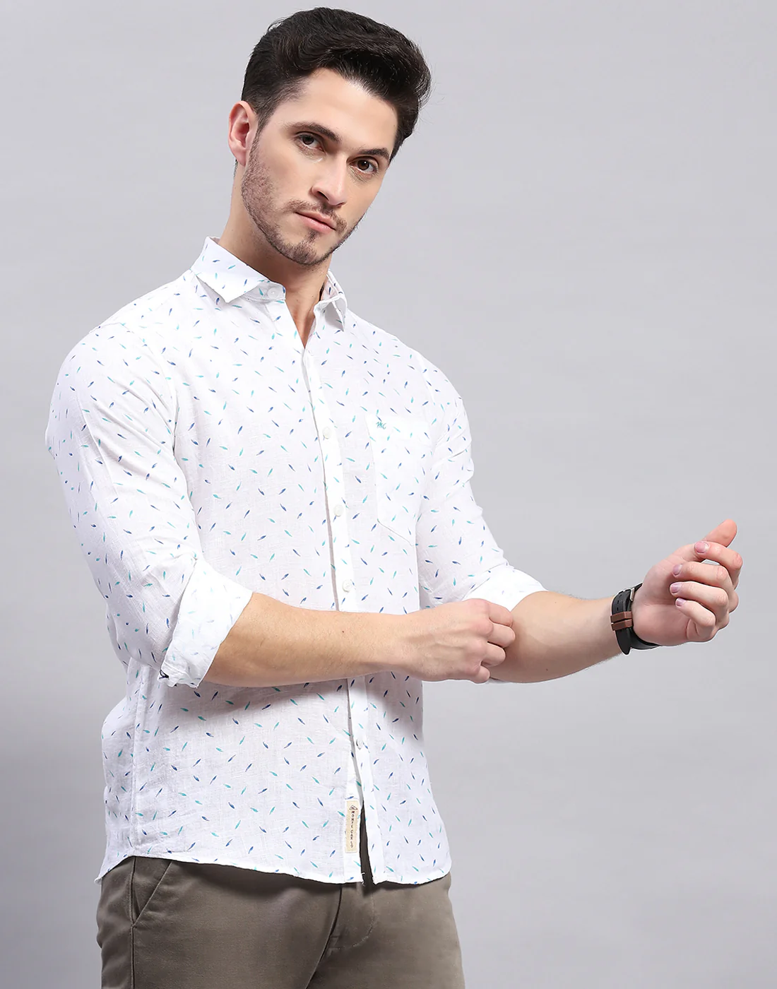Men Aqua Blue Printed Collar Full Sleeve Linen Shirt - Image 4