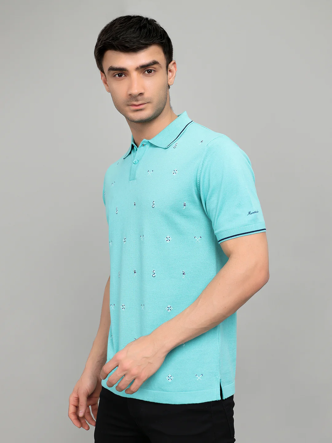 Men Aqua Blue Solid Collar Half Sleeve T-Shirt - Image 2