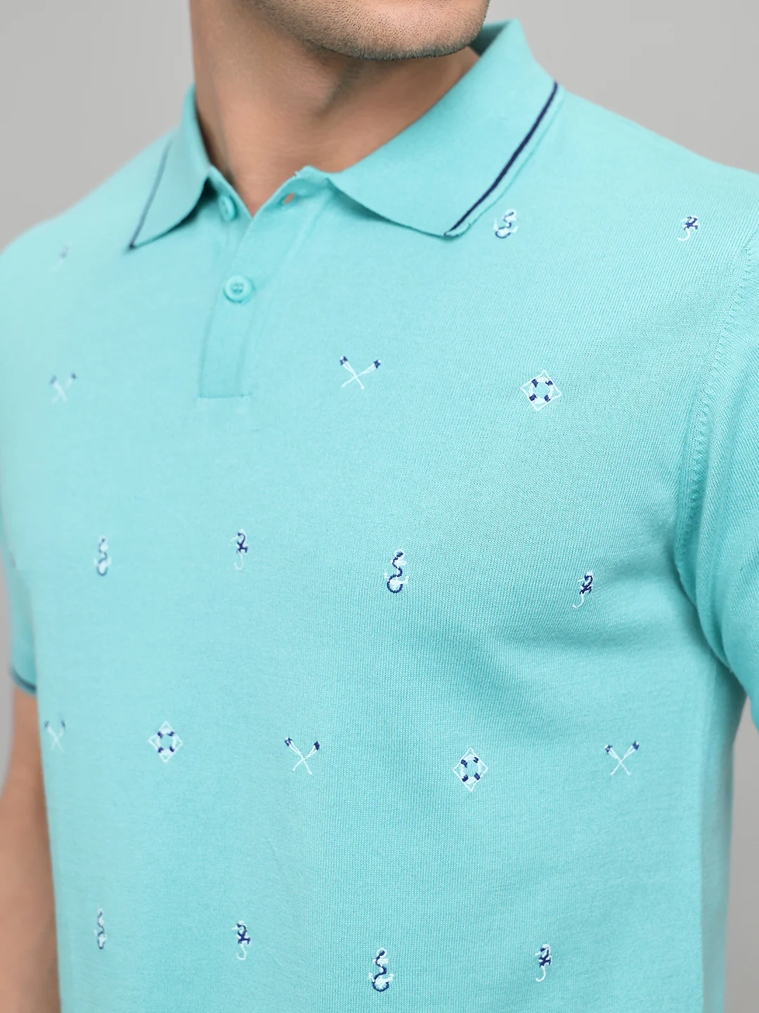 Men Aqua Blue Solid Collar Half Sleeve T-Shirt - Image 5