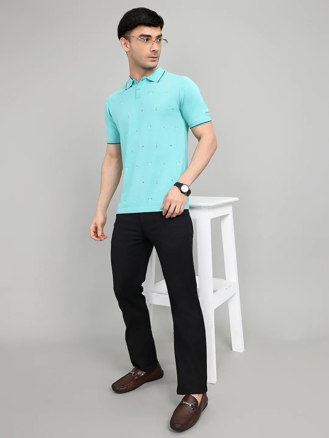 Men Aqua Blue Solid Collar Half Sleeve T-Shirt - Image 6