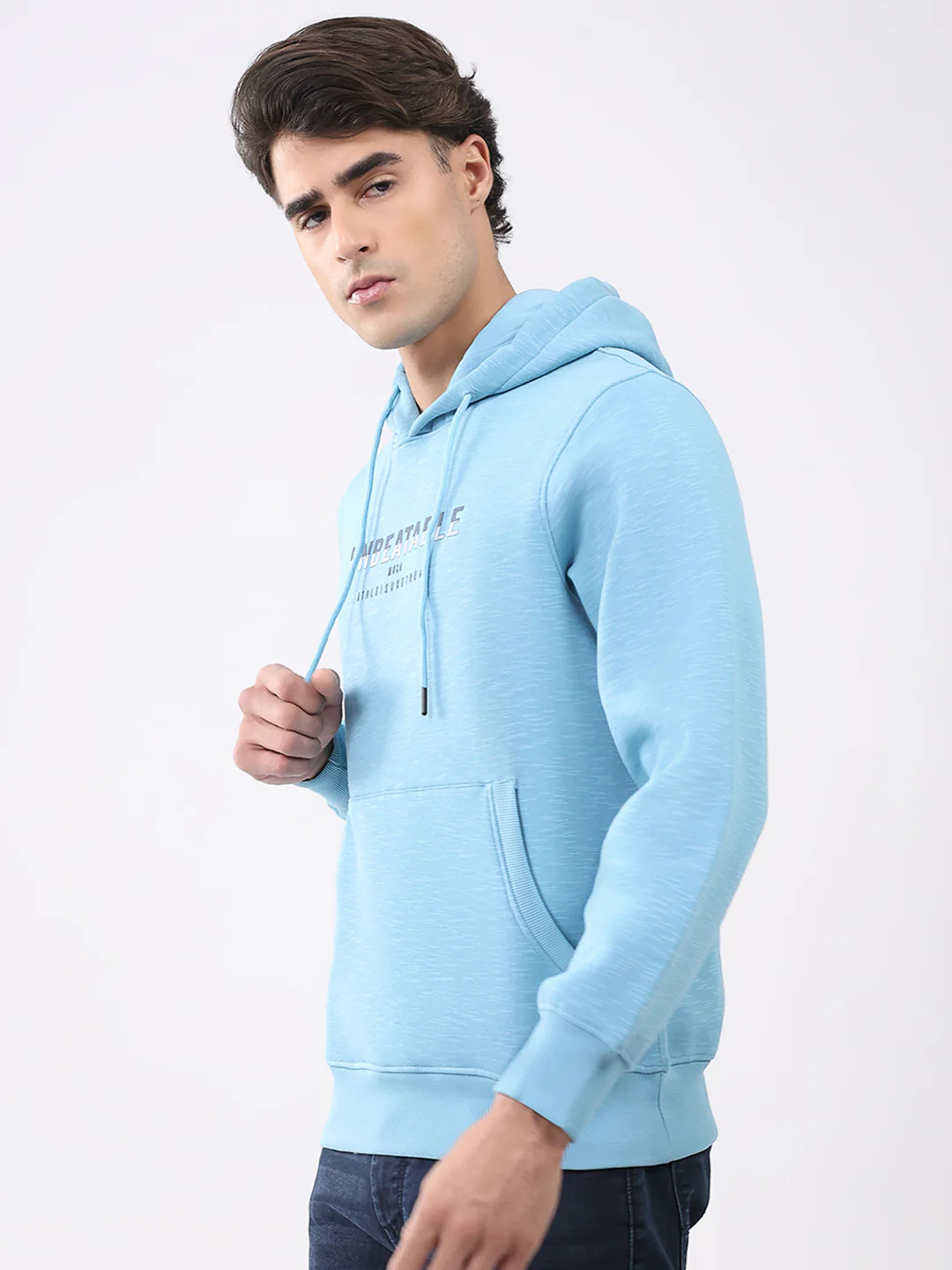 Men Aqua Blue Solid Hooded Full Sleeve Sweatshirt - Image 3