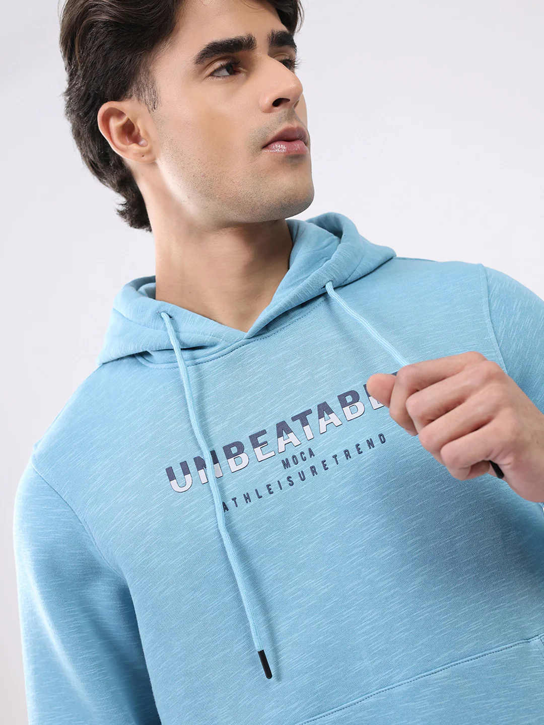 Men Aqua Blue Solid Hooded Full Sleeve Sweatshirt - Image 6