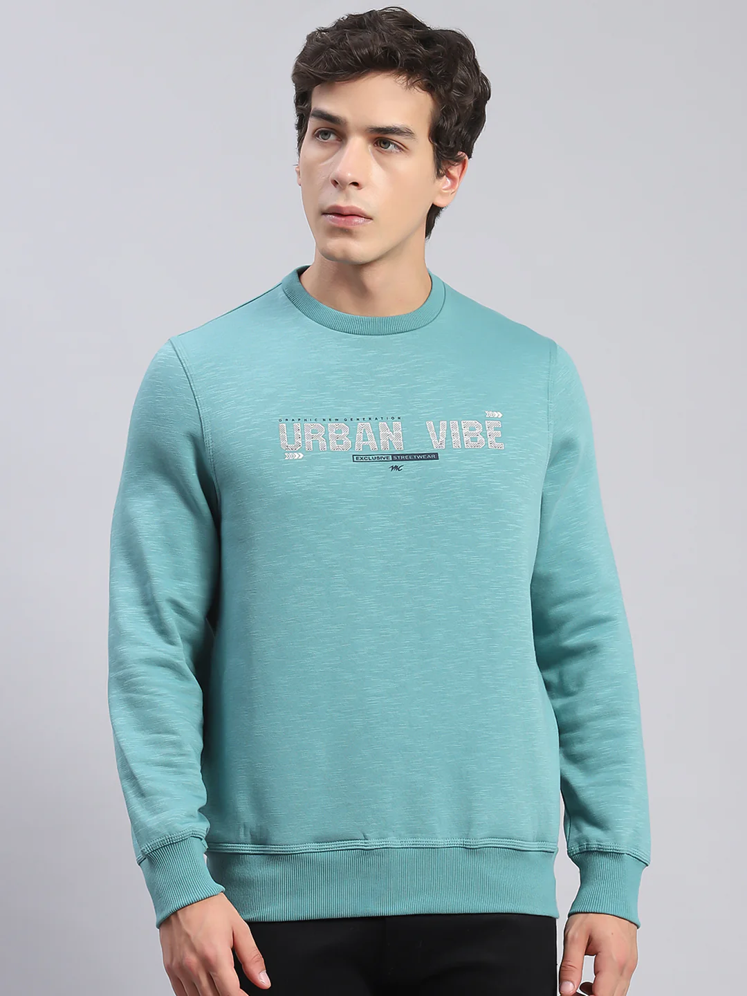 Men Aqua Blue Solid Round Neck Full Sleeve Sweatshirts - Image 2