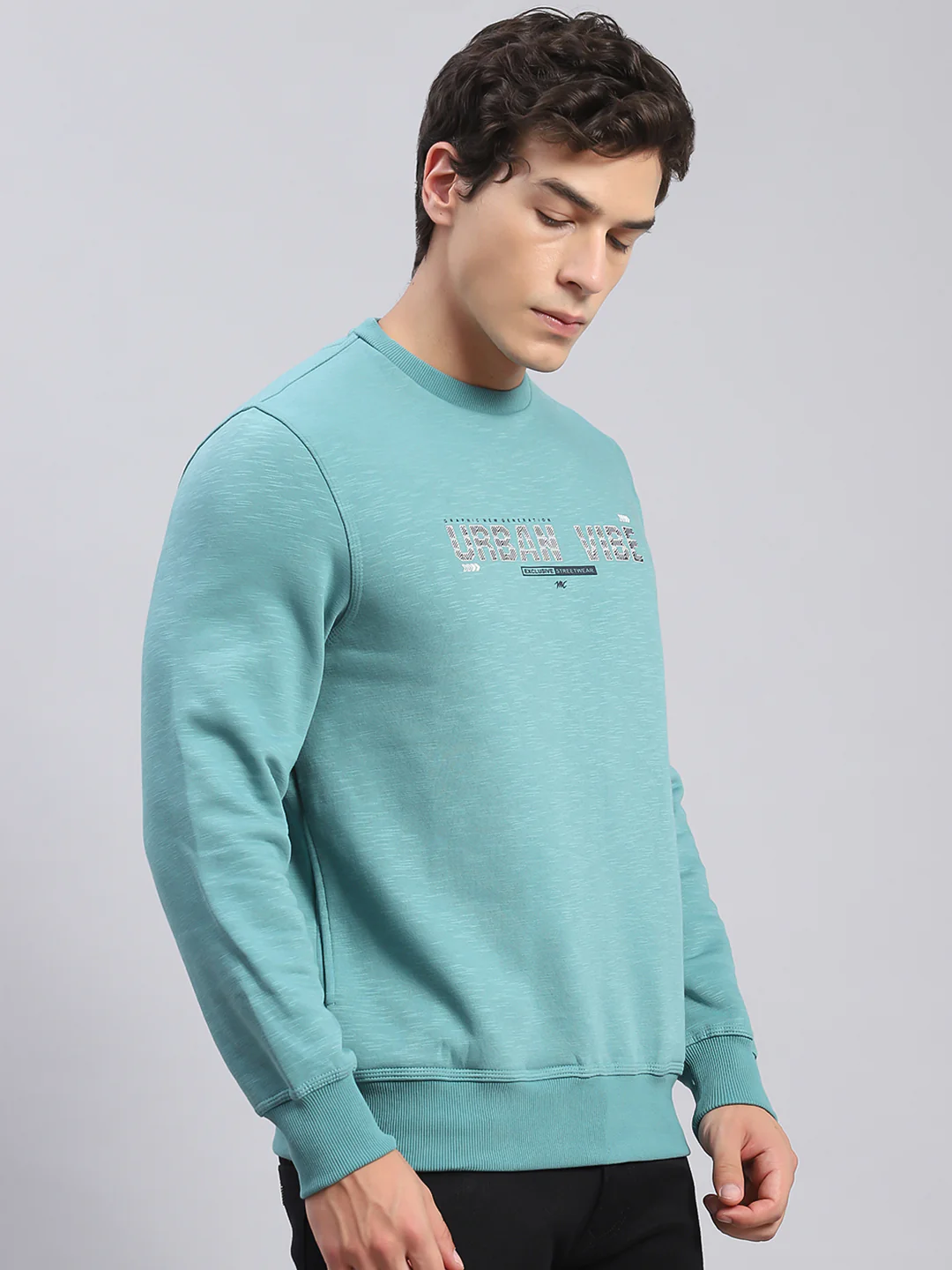 Men Aqua Blue Solid Round Neck Full Sleeve Sweatshirts - Image 4