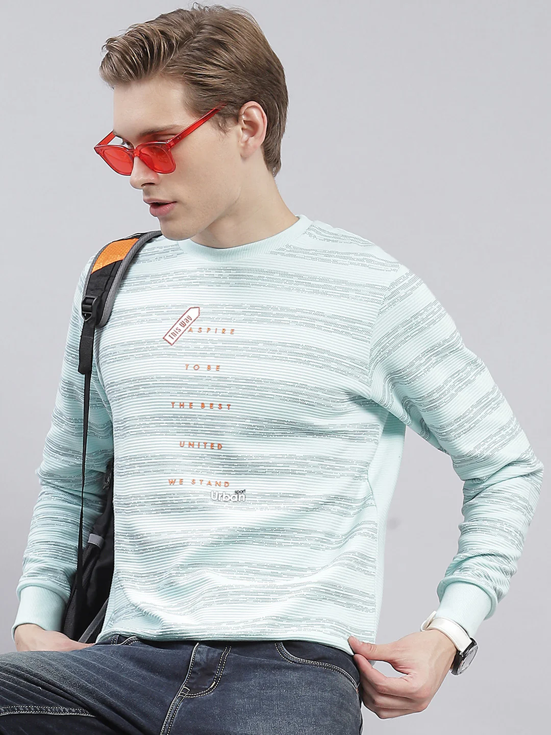 Men Aqua Blue Stripe Round Neck Full Sleeve Sweatshirts - Image 2