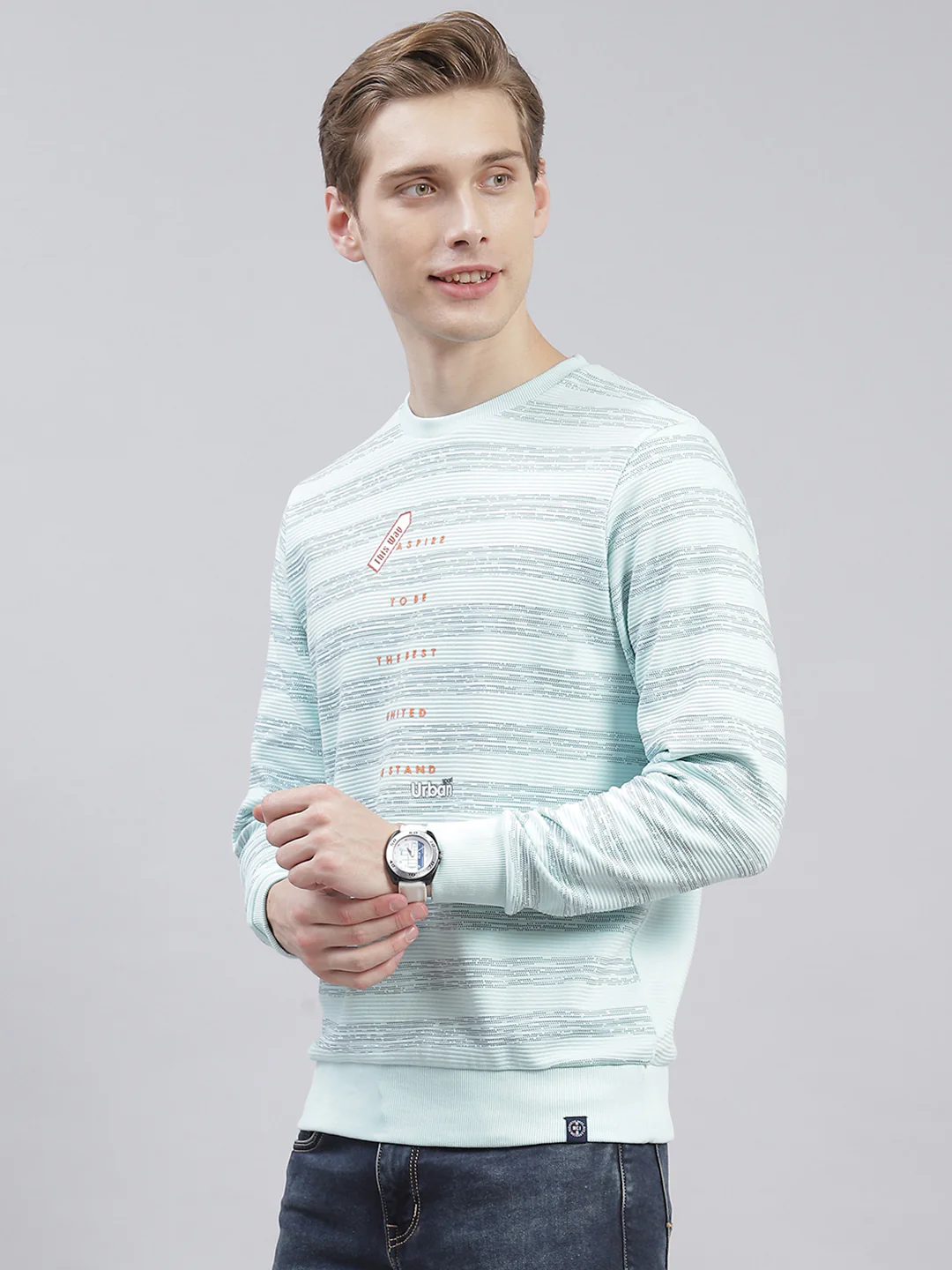Men Aqua Blue Stripe Round Neck Full Sleeve Sweatshirts - Image 3