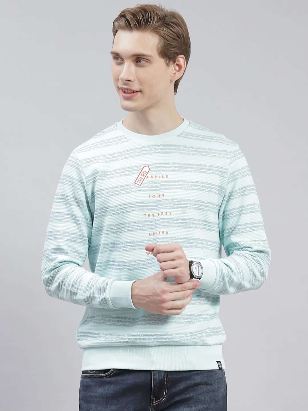 Men Aqua Blue Stripe Round Neck Full Sleeve Sweatshirts - Image 4