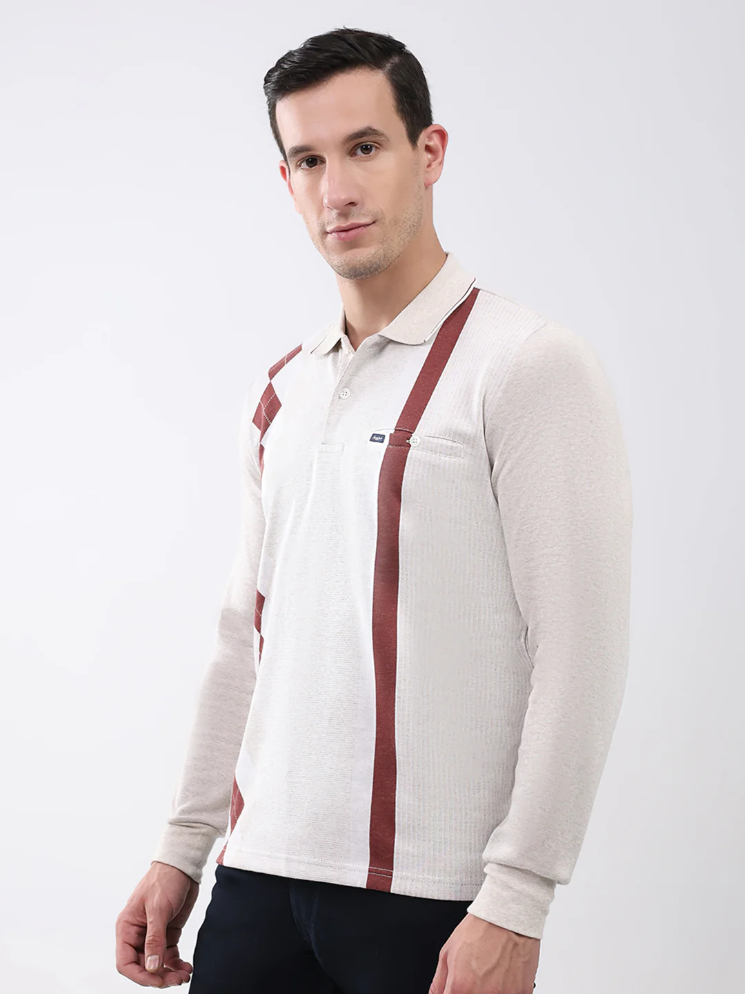 Men Beige Abstract Collar Full Sleeve Winter T-Shirt - Image 3