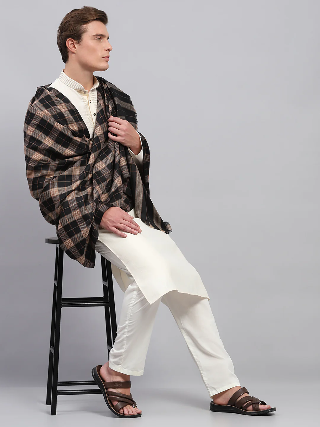 Men Beige & Black Self Design Lohi Shawl - Image 2
