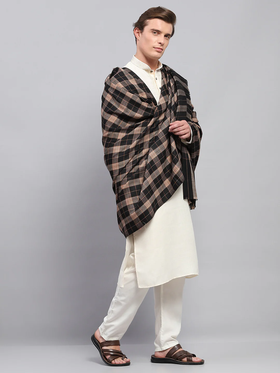Men Beige & Black Self Design Lohi Shawl - Image 4