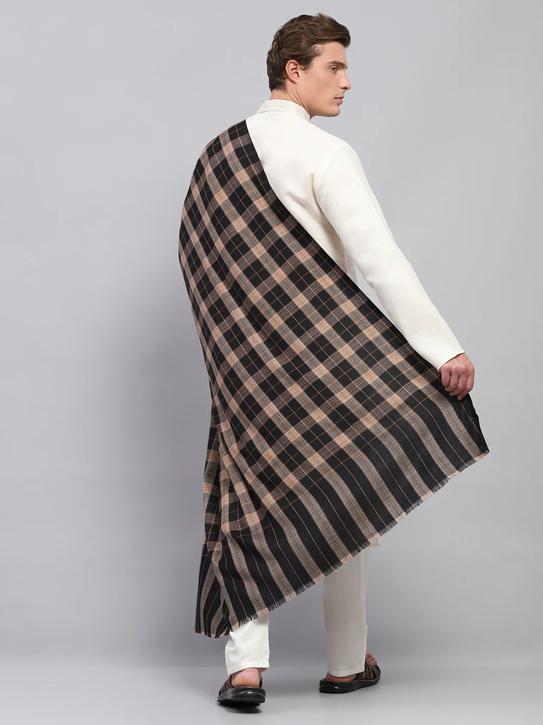 Men Beige & Black Self Design Lohi Shawl - Image 5
