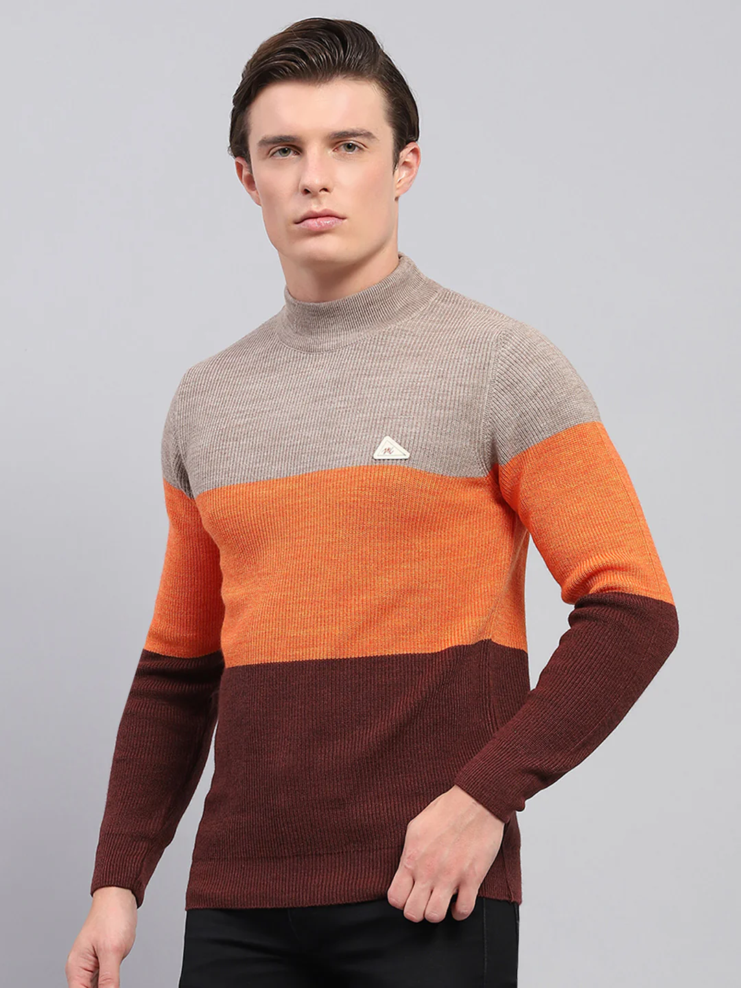 Men Beige & Brown Stripe High Neck Full Sleeve Pullover - Image 3