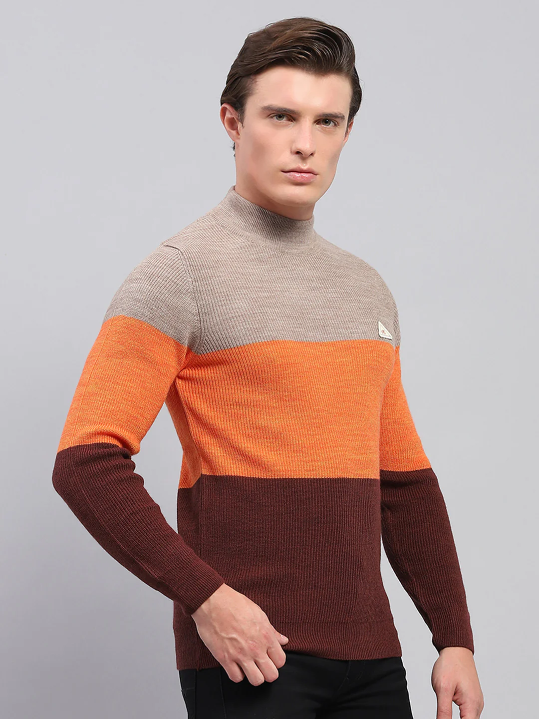 Men Beige & Brown Stripe High Neck Full Sleeve Pullover - Image 4
