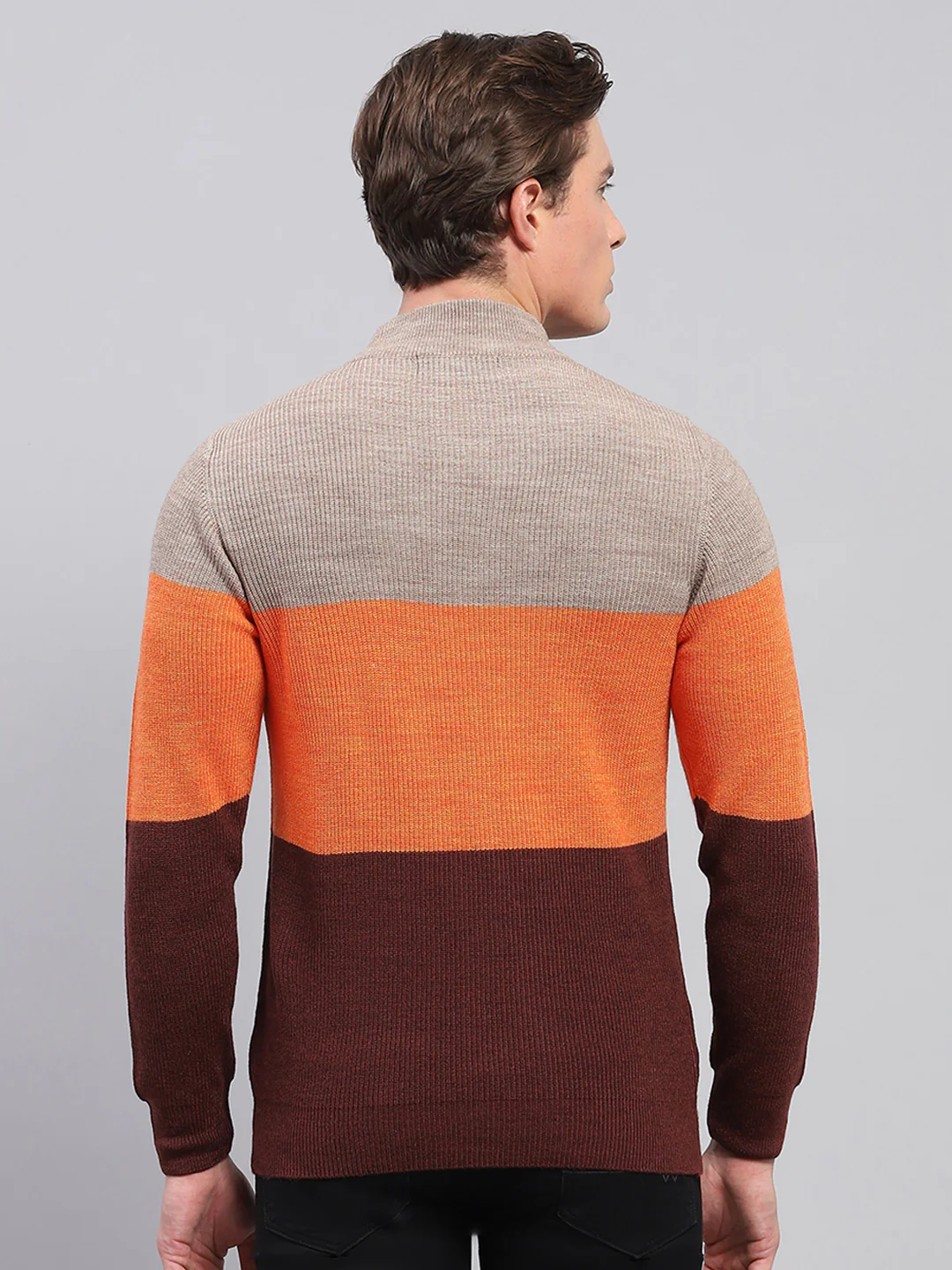 Men Beige & Brown Stripe High Neck Full Sleeve Pullover - Image 5