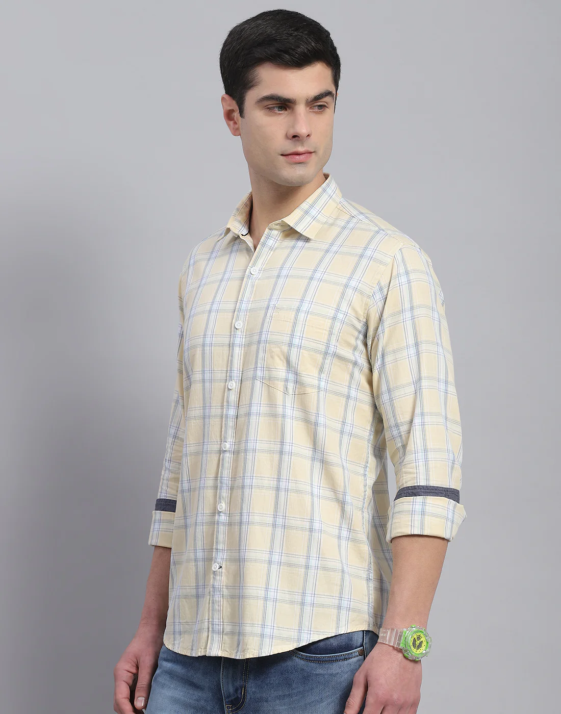 Men Beige Check Collar Full Sleeve Shirt - Image 3