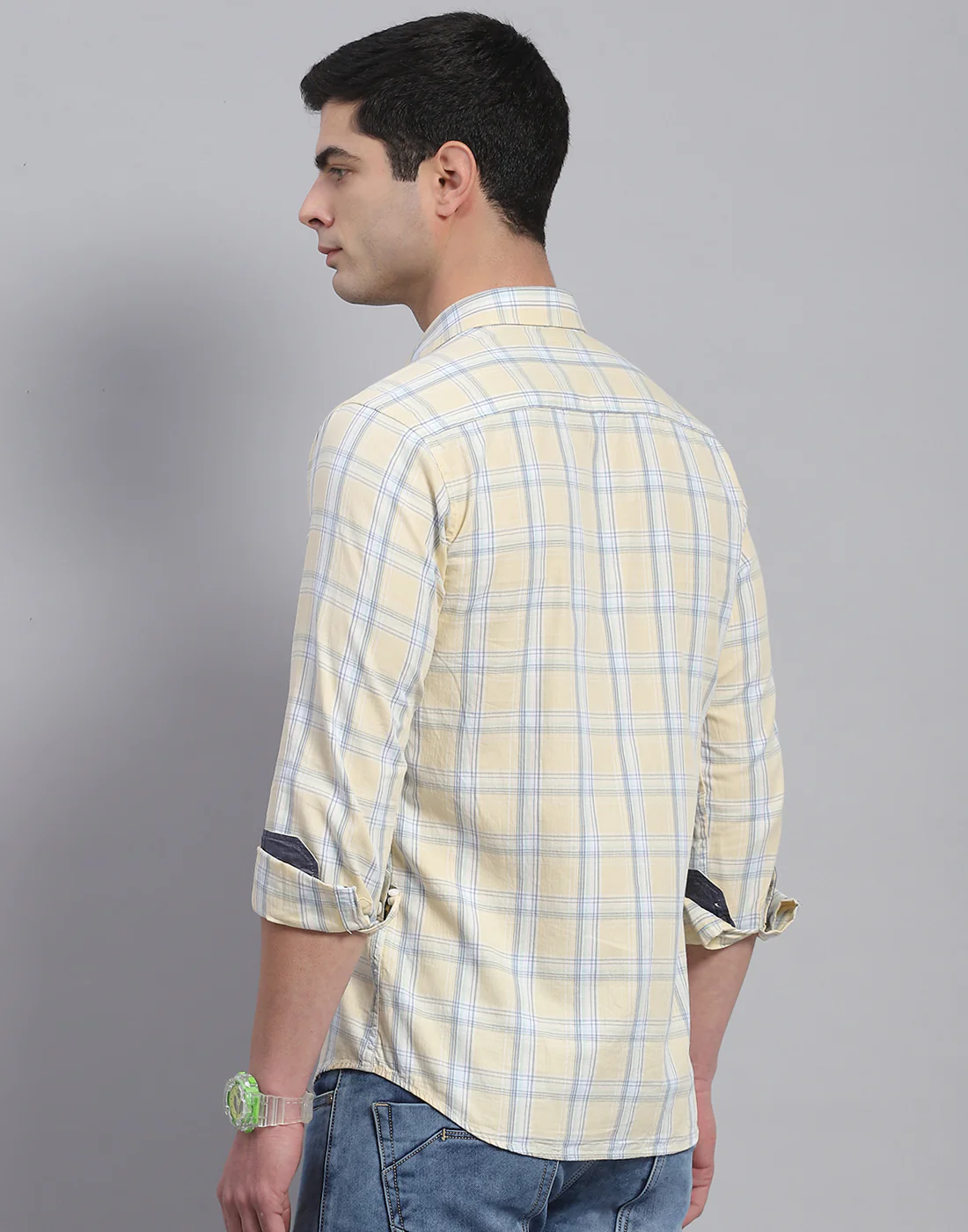 Men Beige Check Collar Full Sleeve Shirt - Image 5