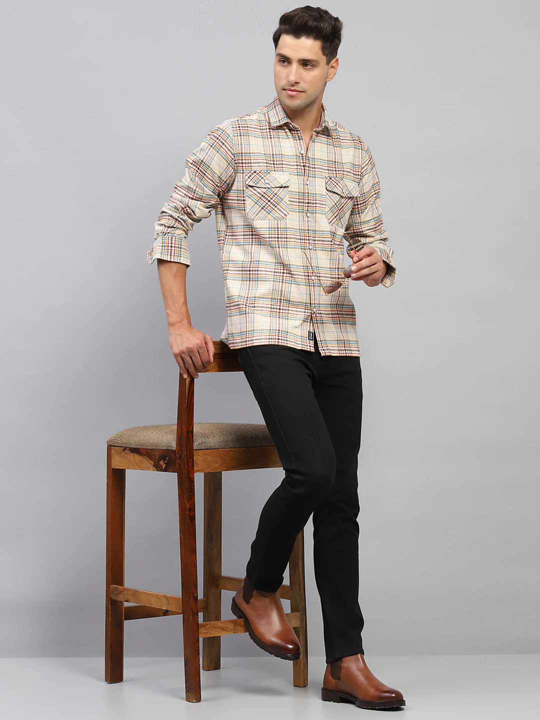 Men Beige Check Collar Full Sleeve Shirt - Image 2