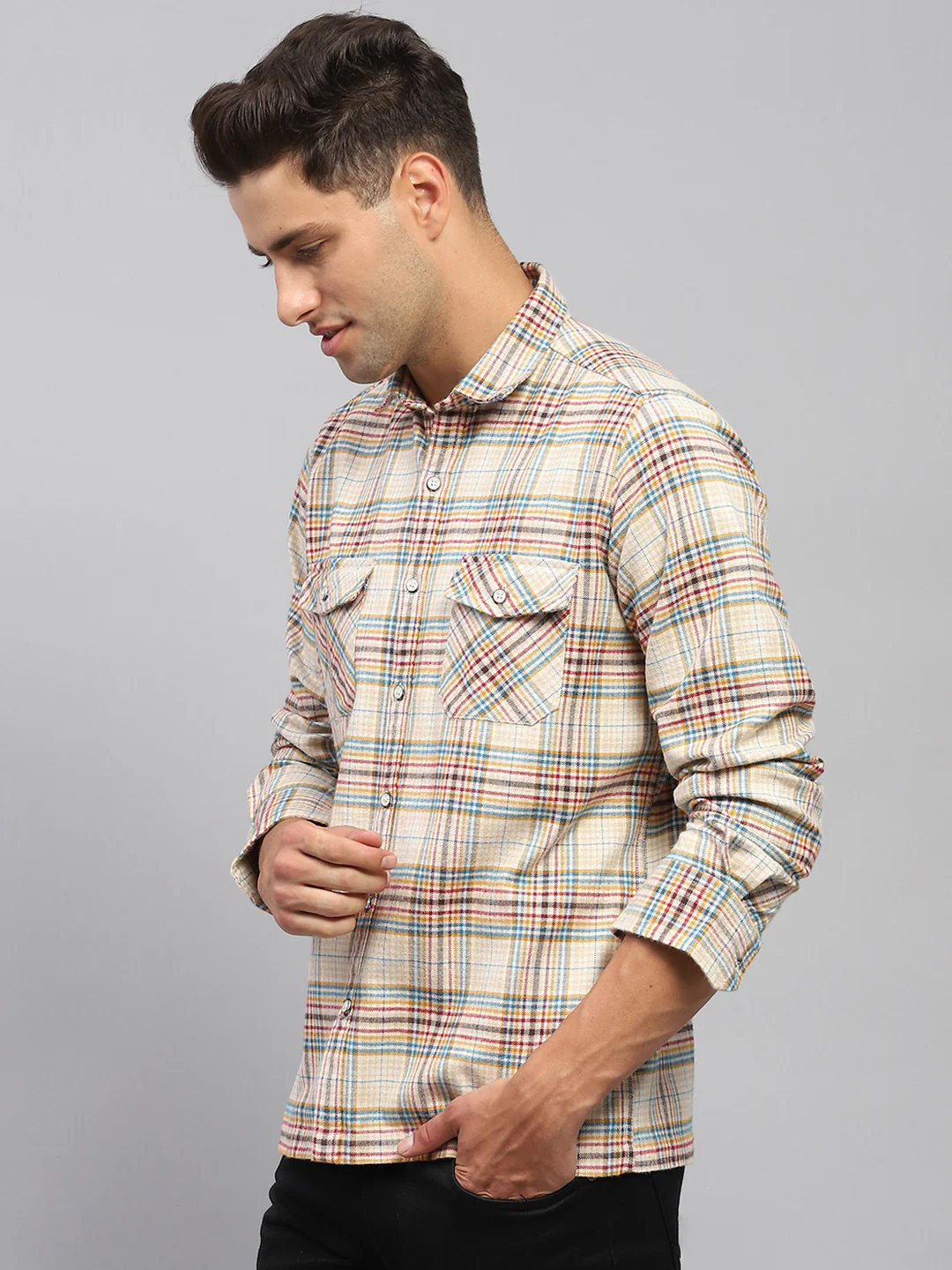 Men Beige Check Collar Full Sleeve Shirt - Image 3