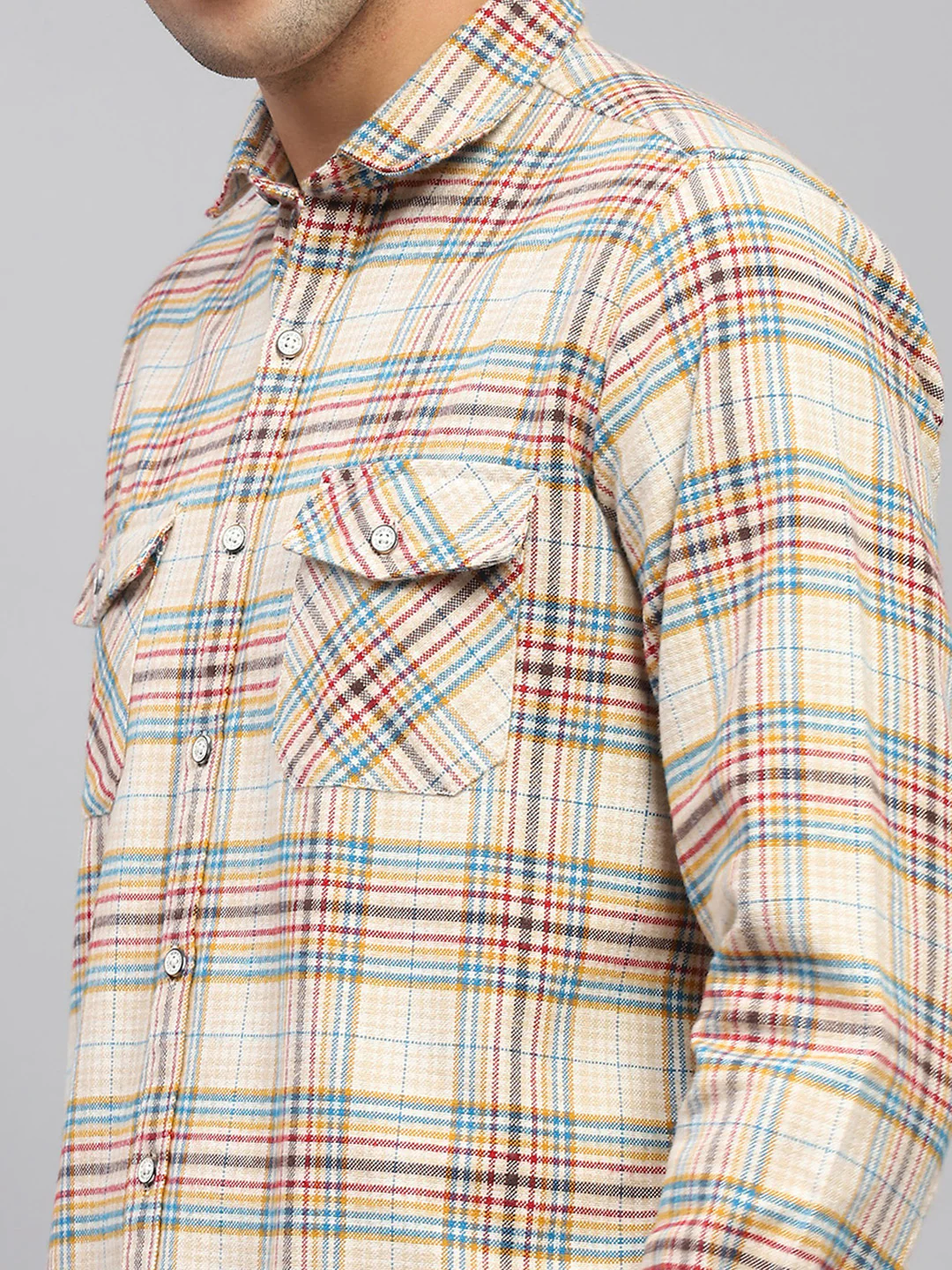 Men Beige Check Collar Full Sleeve Shirt - Image 6