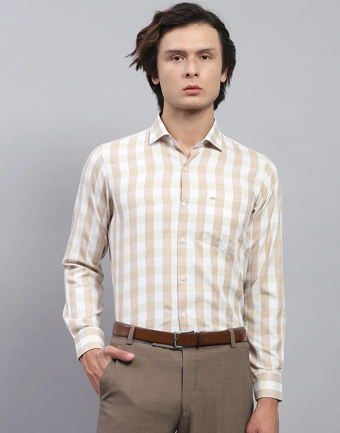 Men Beige Check Collar Full Sleeve Shirt - Image 2