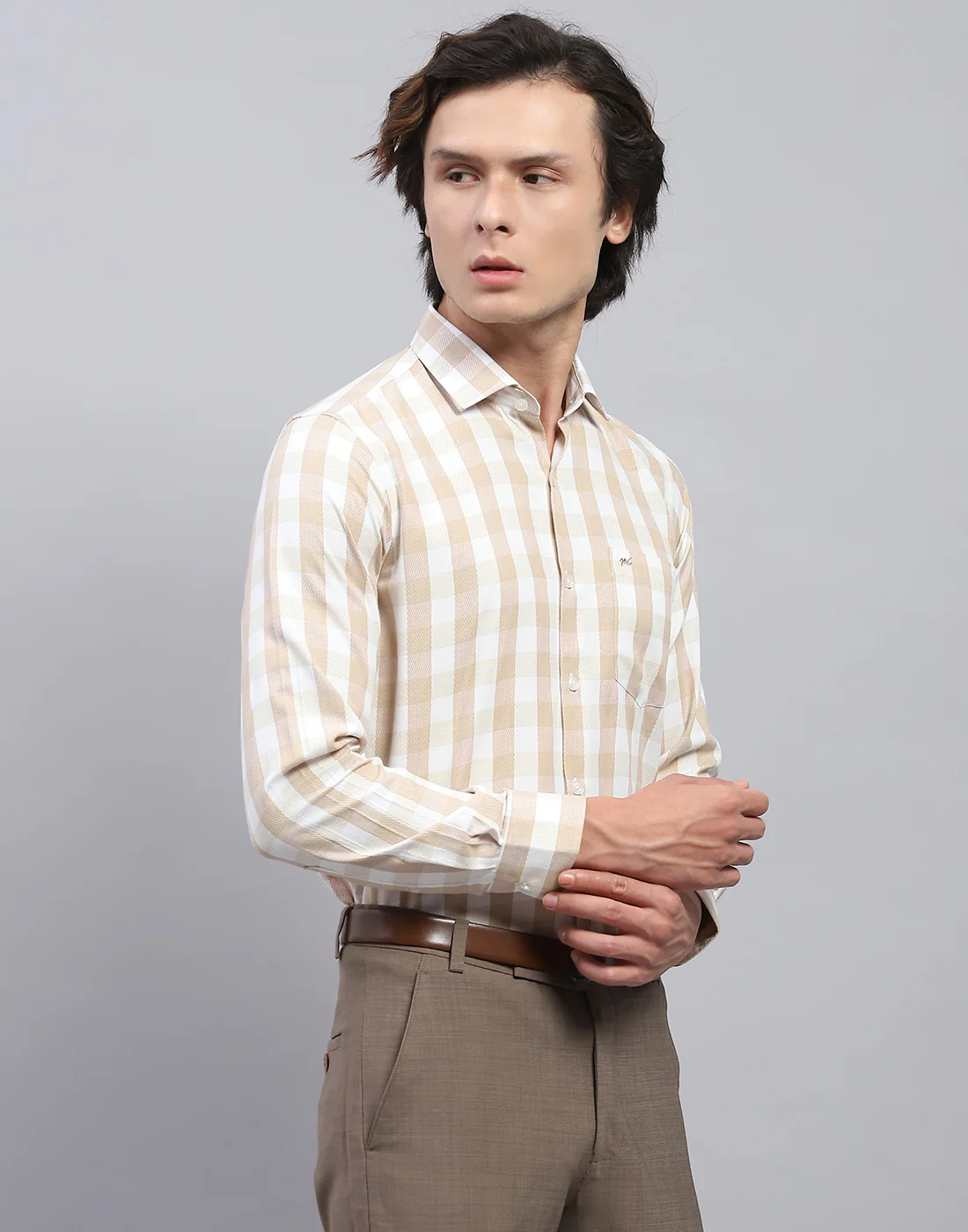 Men Beige Check Collar Full Sleeve Shirt - Image 4
