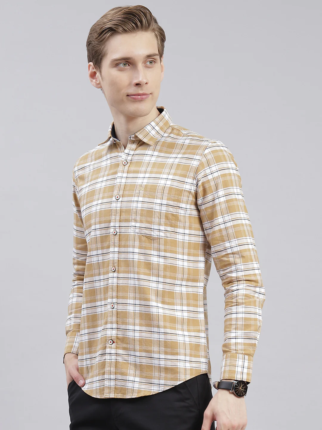 Men Beige Check Collar Full Sleeve Shirts - Image 5