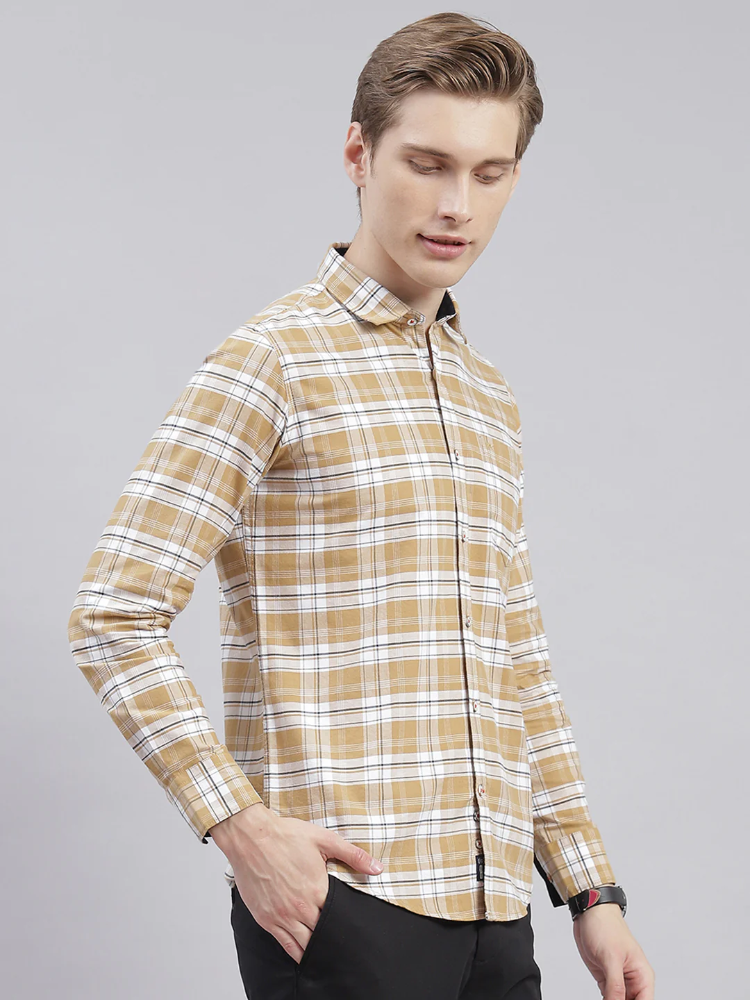 Men Beige Check Collar Full Sleeve Shirts - Image 6