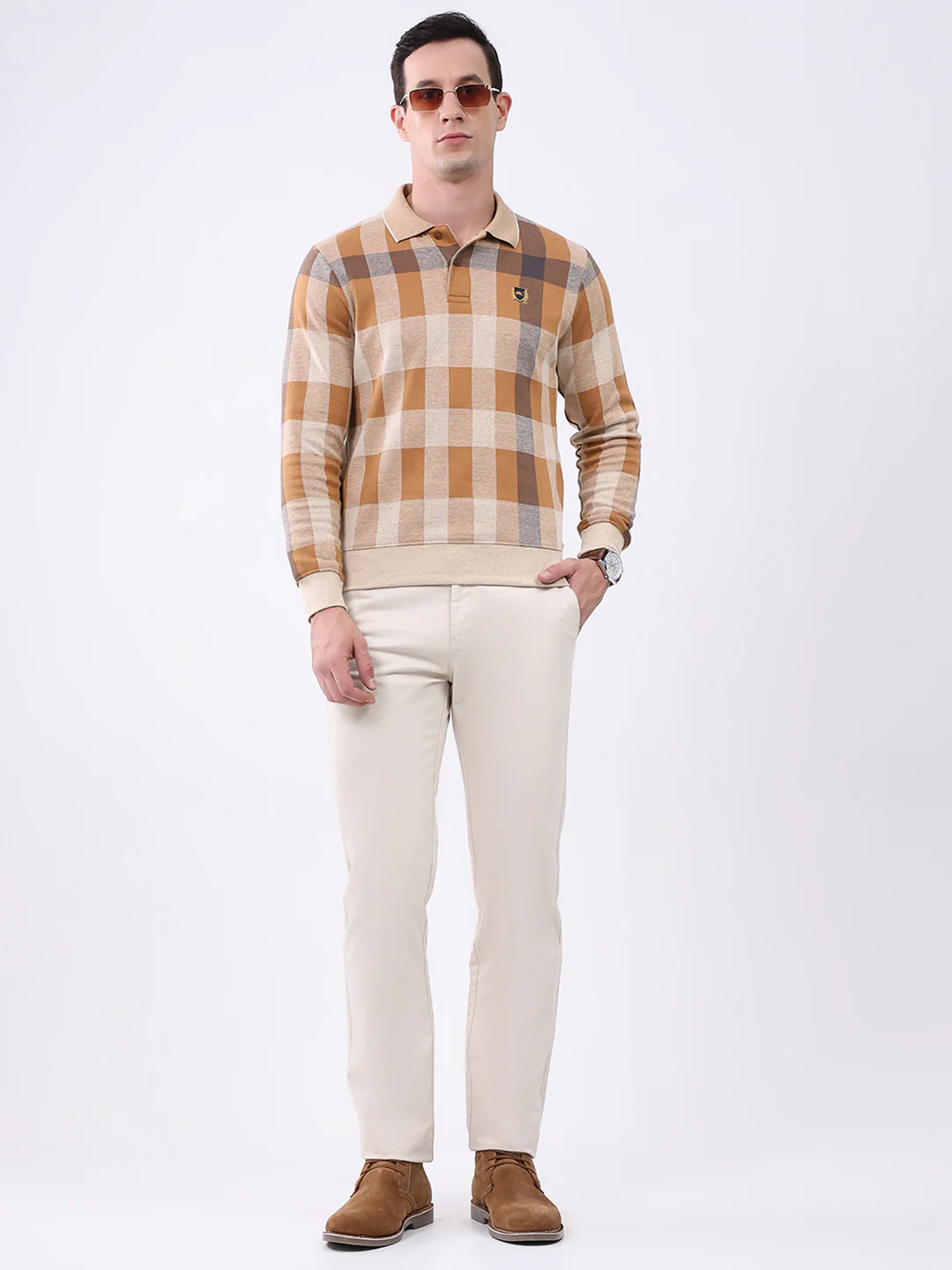 Men Beige Check Collar Full Sleeve Winter T-Shirt - Image 2