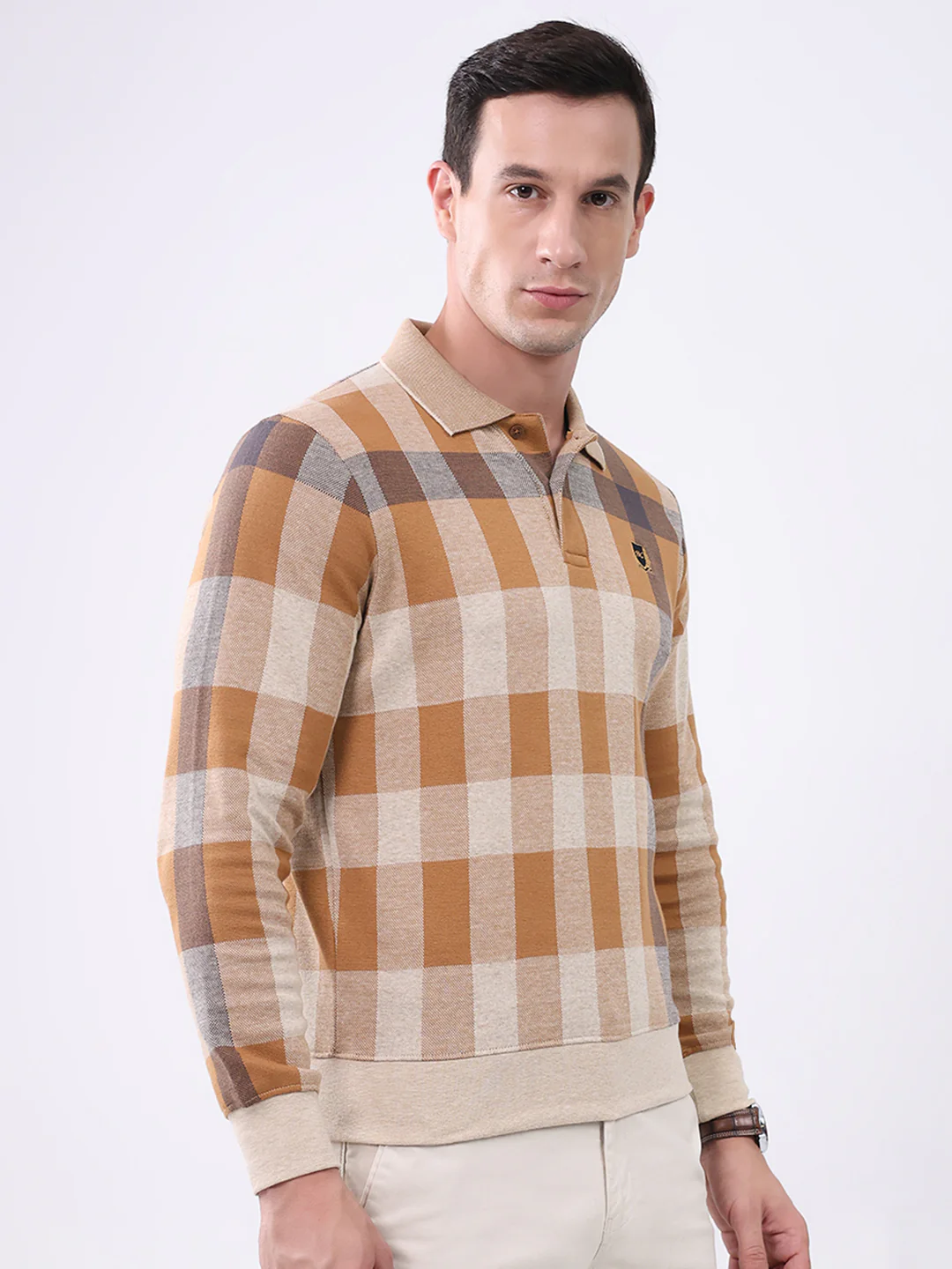 Men Beige Check Collar Full Sleeve Winter T-Shirt - Image 4