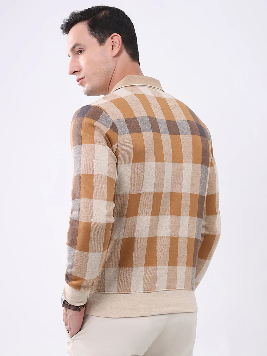 Men Beige Check Collar Full Sleeve Winter T-Shirt - Image 5
