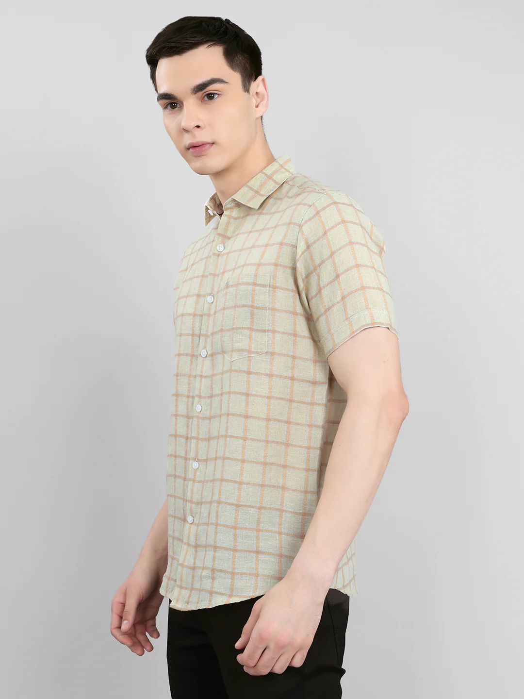 Men Beige Check Collar Half Sleeve Shirt - Image 2