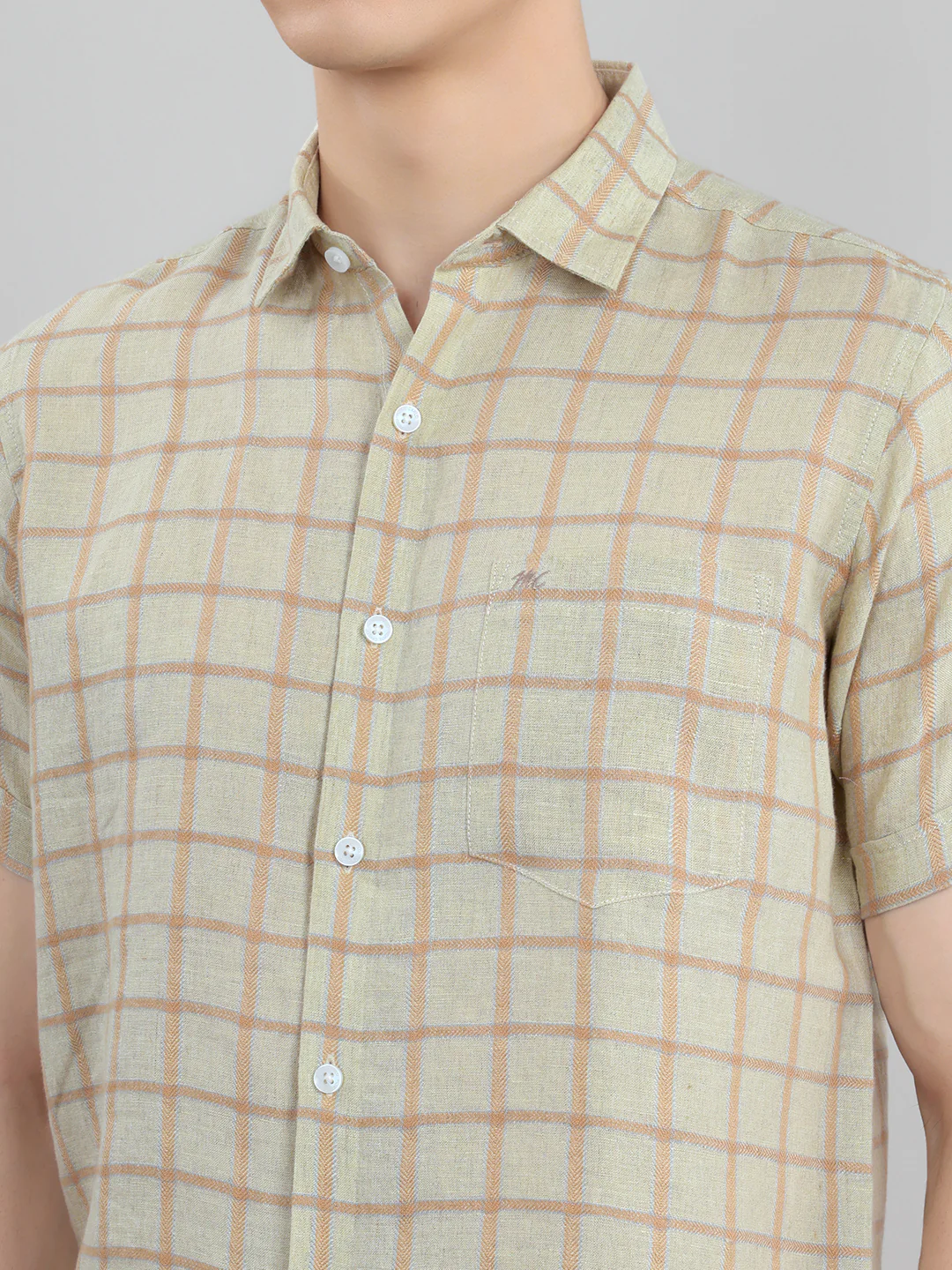 Men Beige Check Collar Half Sleeve Shirt - Image 4