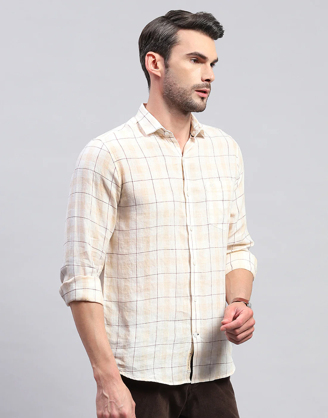 Men Beige Check Collar Neck Full Sleeve Linen Shirt - Image 4