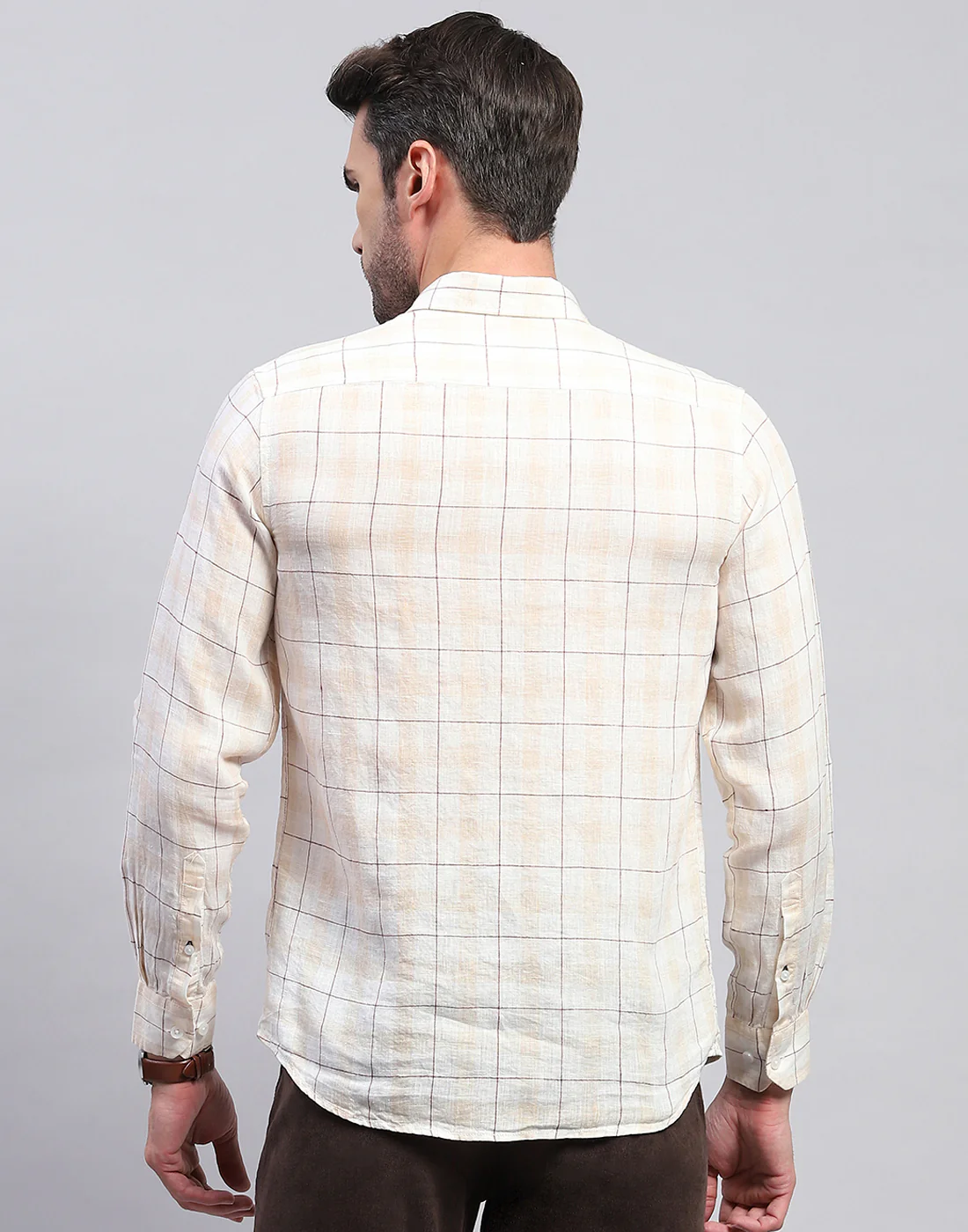Men Beige Check Collar Neck Full Sleeve Linen Shirt - Image 5
