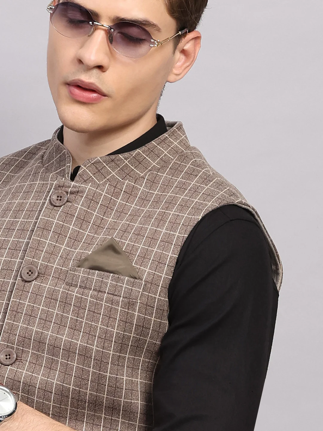 Men Beige Check Collar Sleeveless Nehru Jacket - Image 11
