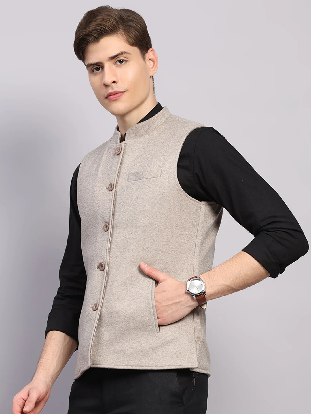 Men Beige Check Collar Sleeveless Nehru Jacket - Image 8