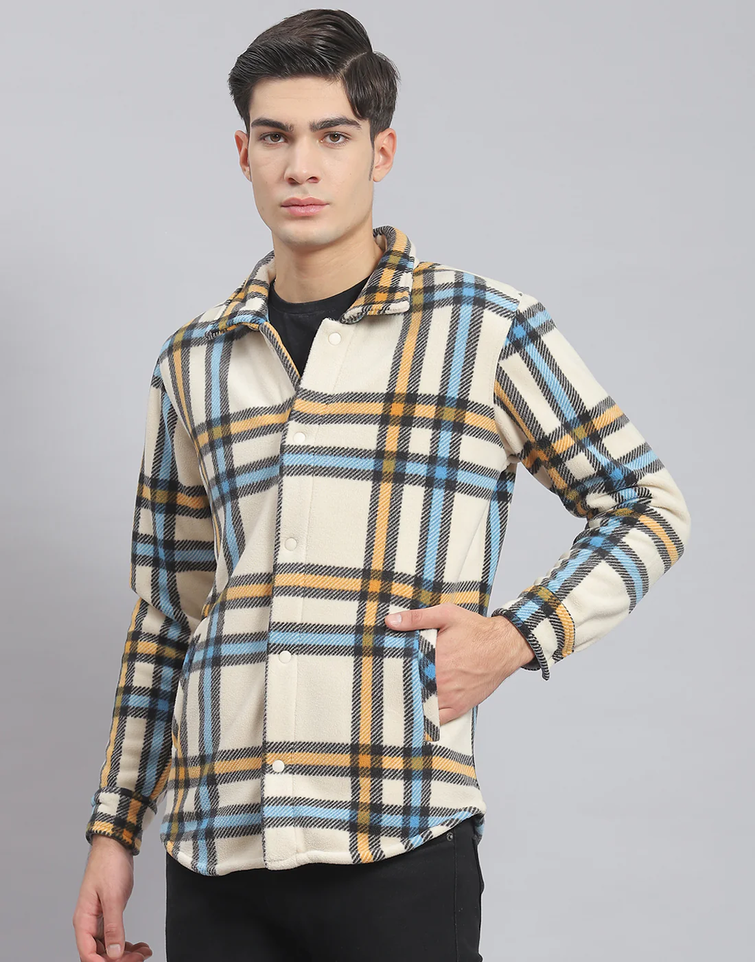 Men Beige Check Stand Collar Full Sleeve Sweatshirt - Image 3