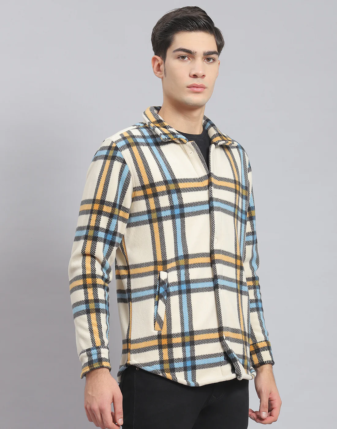 Men Beige Check Stand Collar Full Sleeve Sweatshirt - Image 4