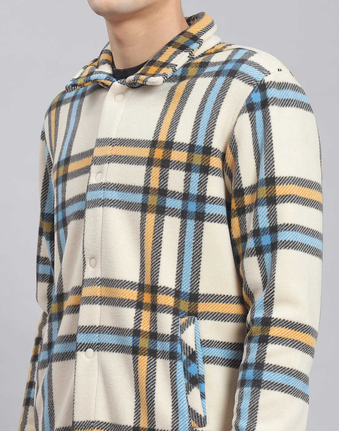 Men Beige Check Stand Collar Full Sleeve Sweatshirt - Image 6