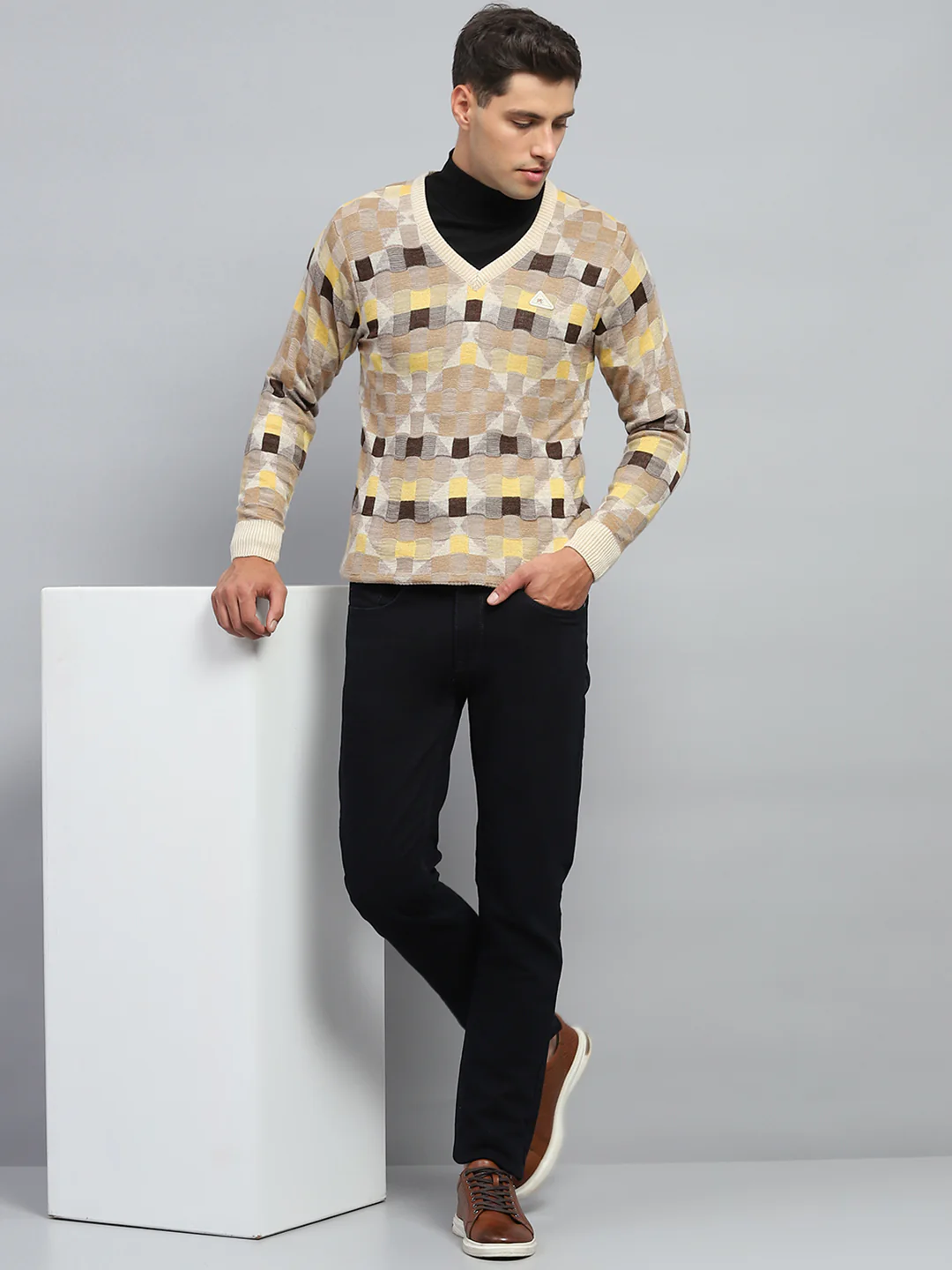 Men Beige Check V Neck Full Sleeve Pullover - Image 2