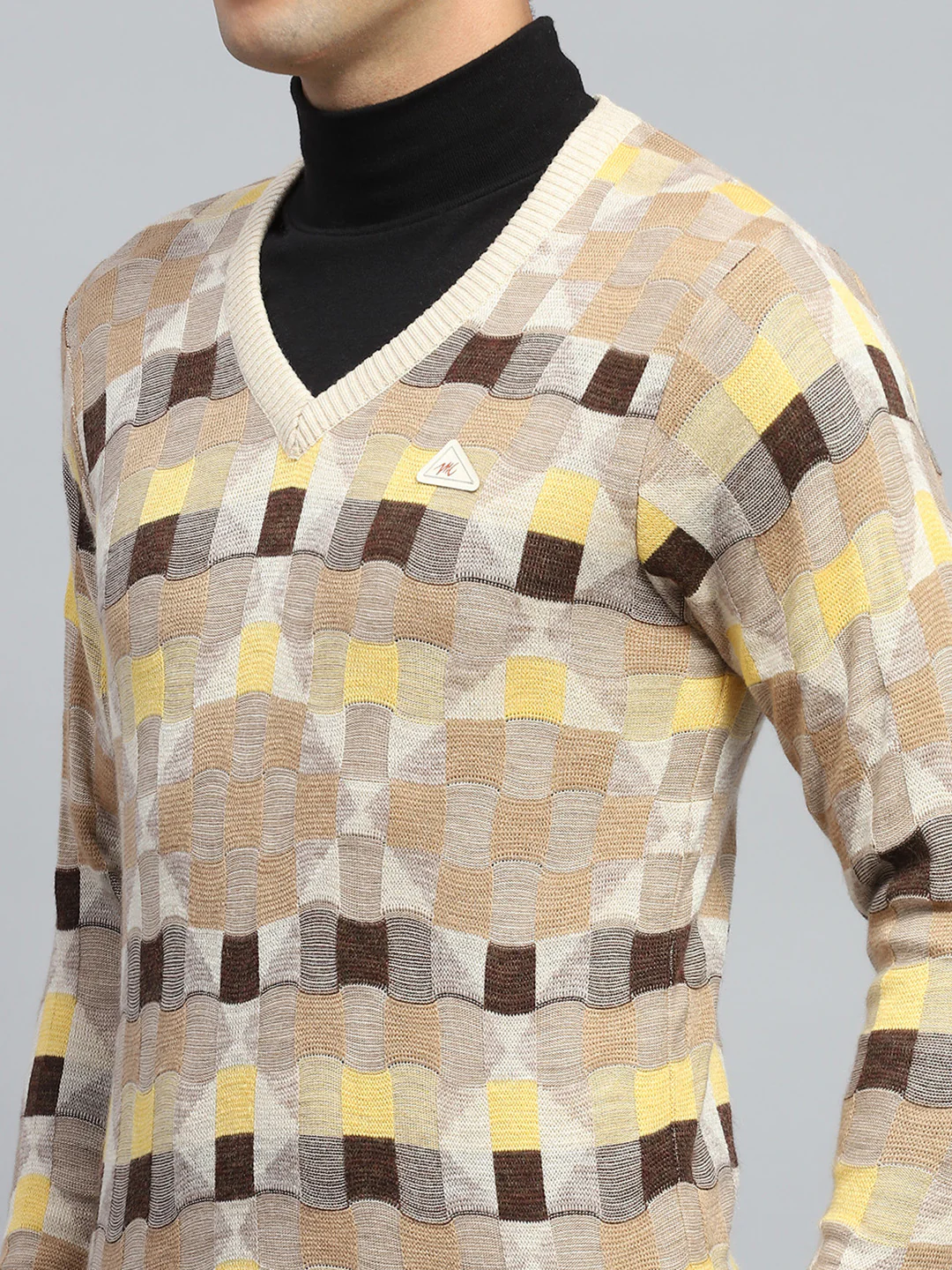 Men Beige Check V Neck Full Sleeve Pullover - Image 6