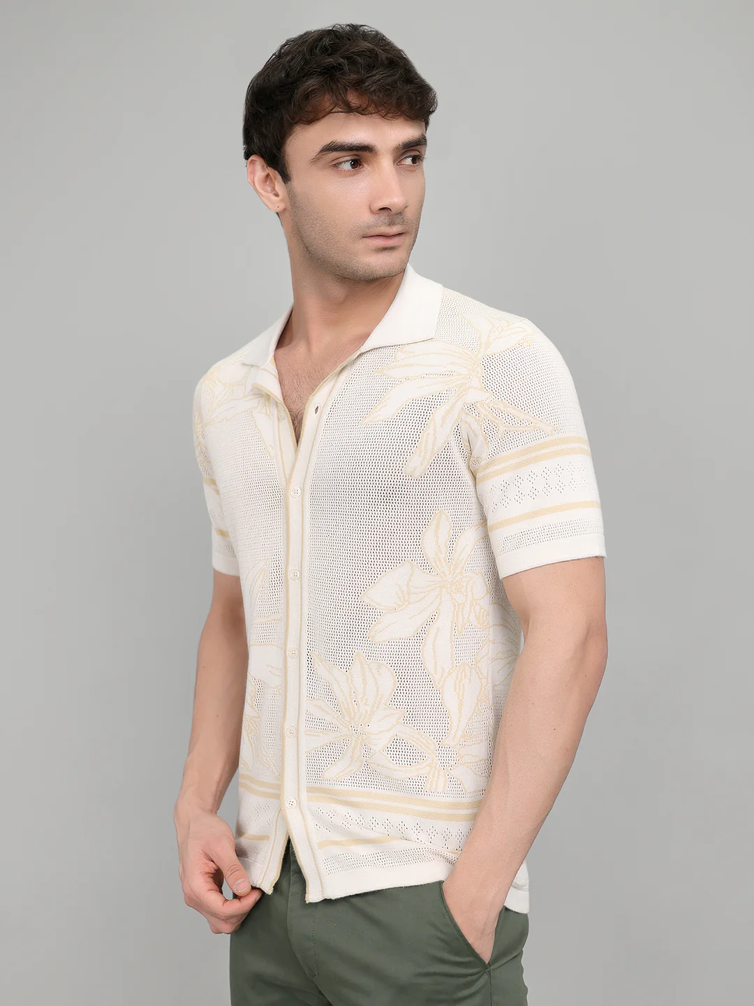 Men Beige Designer Collar Half Sleeve Knitted Shirt - Image 2