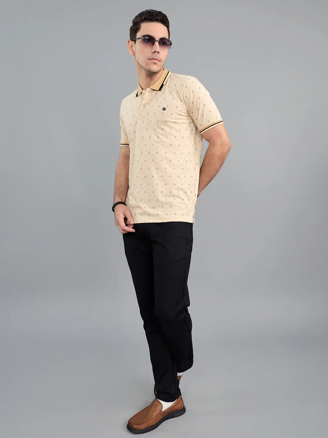 Men Beige Geometric Polo Collar Half Sleeve T-Shirt - Image 6